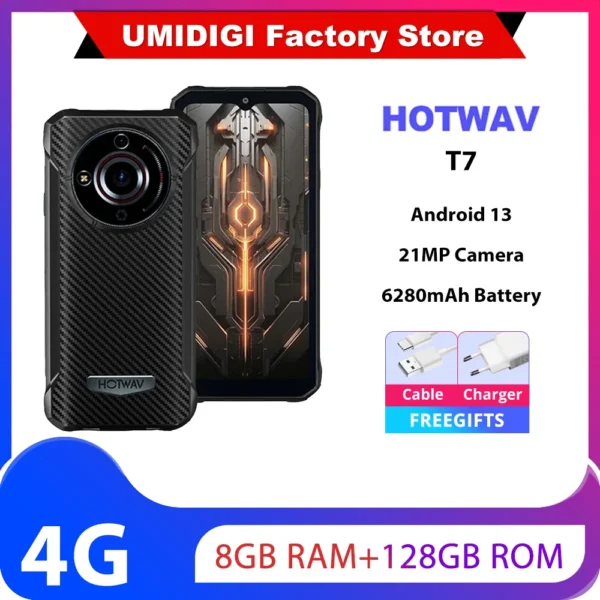 HOTWAV T7 Rugged 4G Smartphone 6.52Inch HD+ Display Octa Core 4GB+128GB Android 13 21MP Rear Camera 6280mAh Battery Mobile Phone
