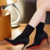 Skinny Boots Women's Winter New Black High Heels, Thin Heels, Pointed Points with Velvet, Mid Top Single Boots, Elastic Boots