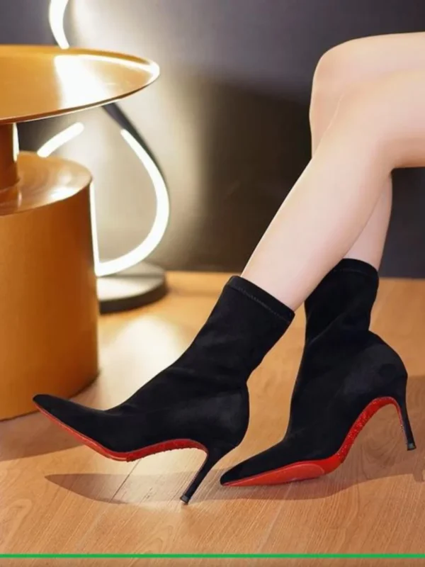 Skinny Boots Women's Winter New Black High Heels, Thin Heels, Pointed Points with Velvet, Mid Top Single Boots, Elastic Boots