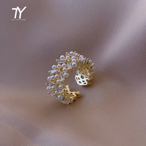 High Quality Pearl Zircon Gold Color Rings For Woman 2025 New Fashion Korean Jewelry Luxury Party Adjustable Unusual Girl's Ring