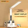 LED Clock Table Lamp USB Chargeable Dimmable Desk Lamps 2 Heads 180 Rotate Foldable Eye Protection Desktop Reading Night Lights