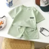 2Pcs Fashion Children Short Sleeve Shorts Sets Summer Kids Clothes Boy Girl Baby Cotton Tee Pant Outfits Soild Color Tracksuits