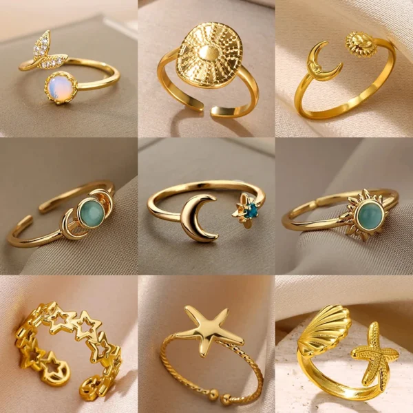 Zircon Moon Star Rings For Women Stainless Steel Glowing Moon Star Adjustable Finger Ring Aesthetic Wedding Jewelery Gift Femme